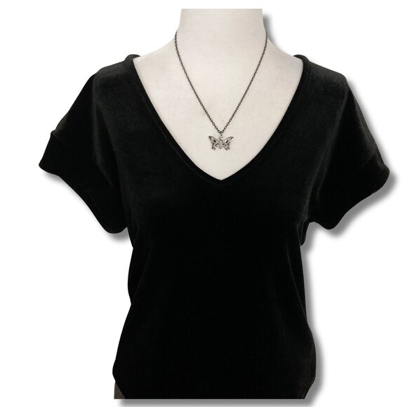 Ricki's Tops - RICKI'S Oversized black velvet short-sleeve v-neck top SMALL MEDIUM LARGE shirt
